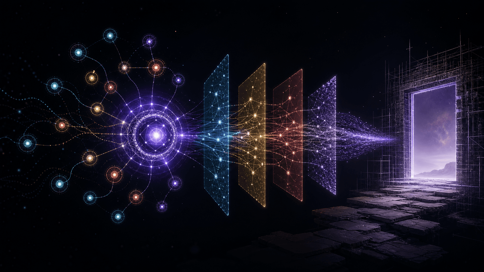 Agent identity, recorded activity, and reputation nodes converging toward a marketplace directory.